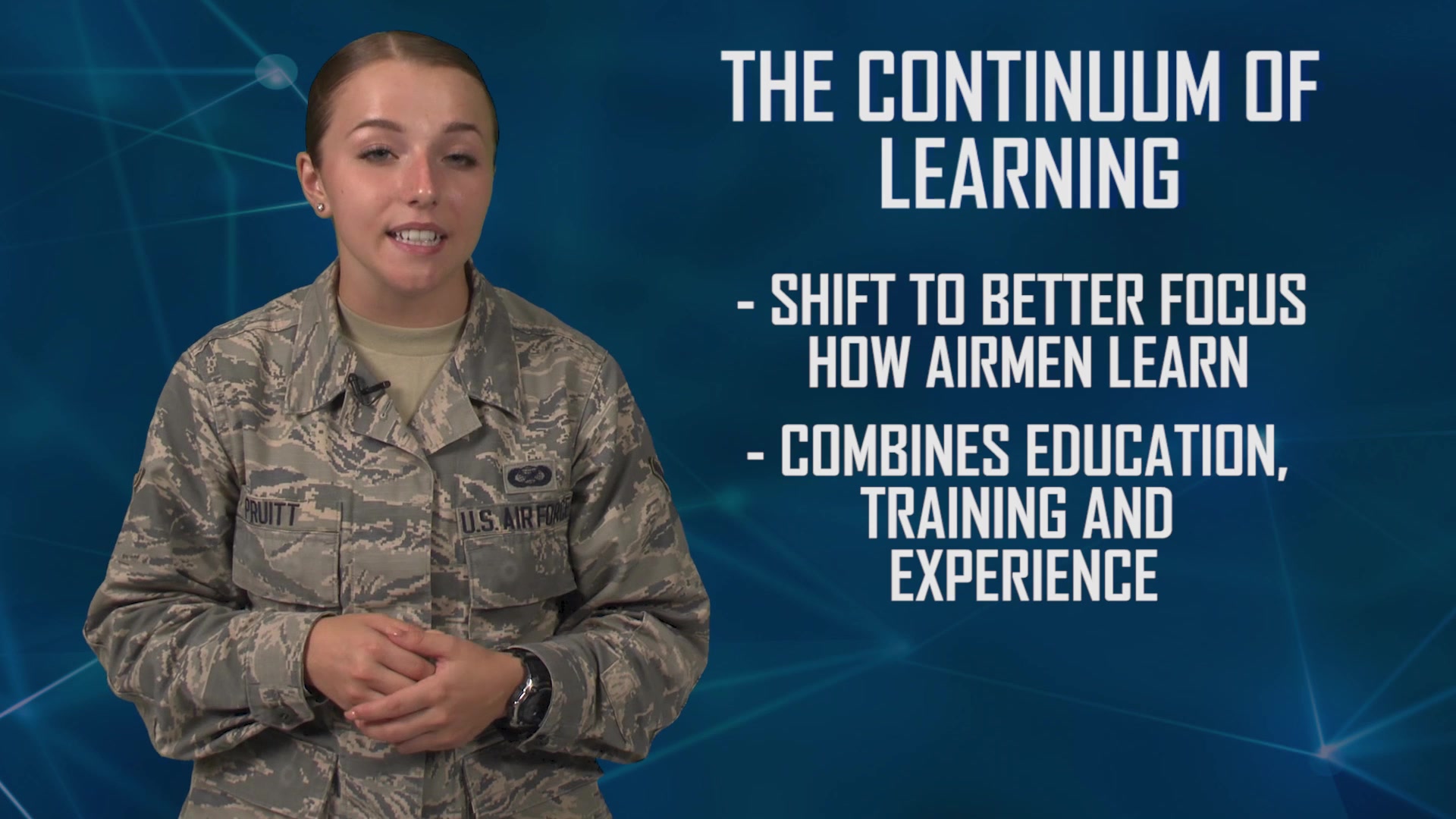 Did you know AETC is reimagining how Airmen are being developed by empowering the learning enterprise to be proactive vs reactive? Have you heard of the "Continuum of Learning" and want to know more about how training, education and experiences are being combined to prepare Airmen with current and future competencies? 

Check out this quick overview of the Continuum of Learning, AETC's new learning paradigm, and how it works hand in hand with Airmen and overall force development!