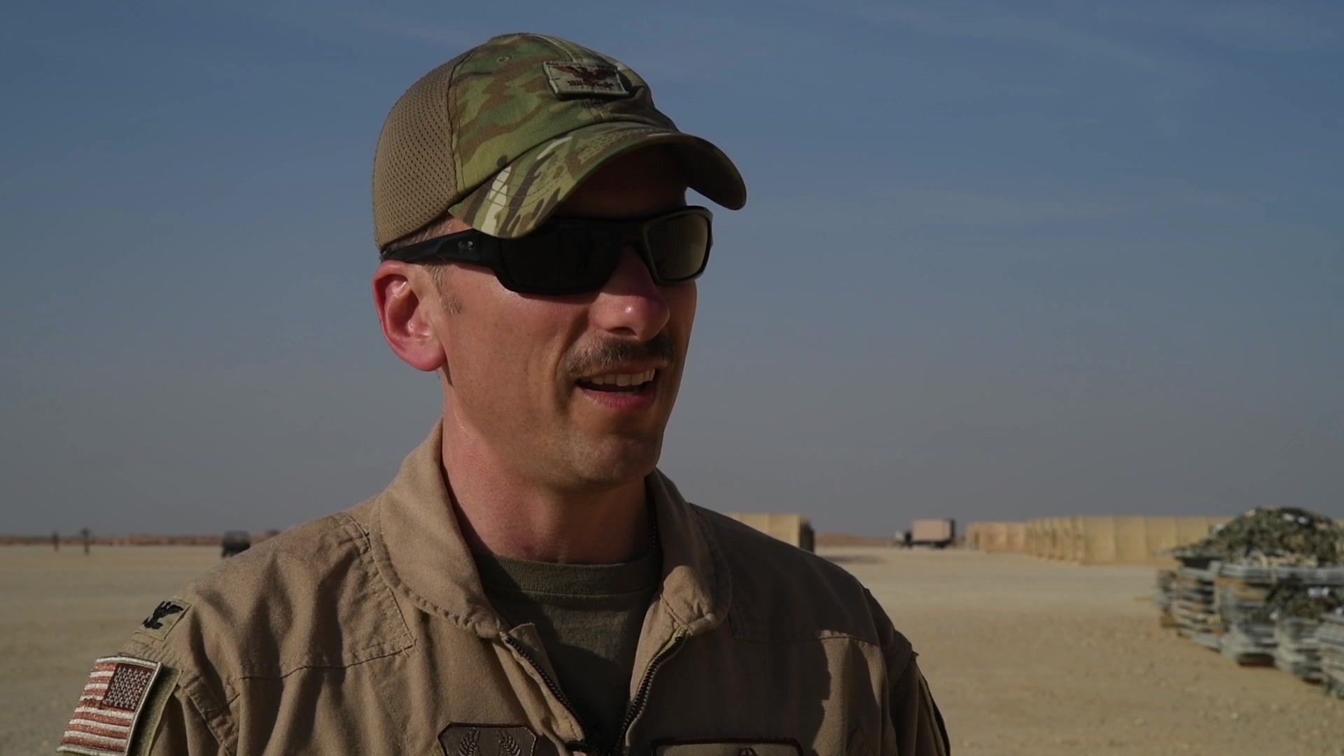 Col. Robert Raymond, 378th Expeditionary Operations Group commander, discusses the buildup of American forces on Prince Sultan Air Base and the impact the arrival of the 494th Expeditionary Fighter Squadron on Jan. 3, 2020.