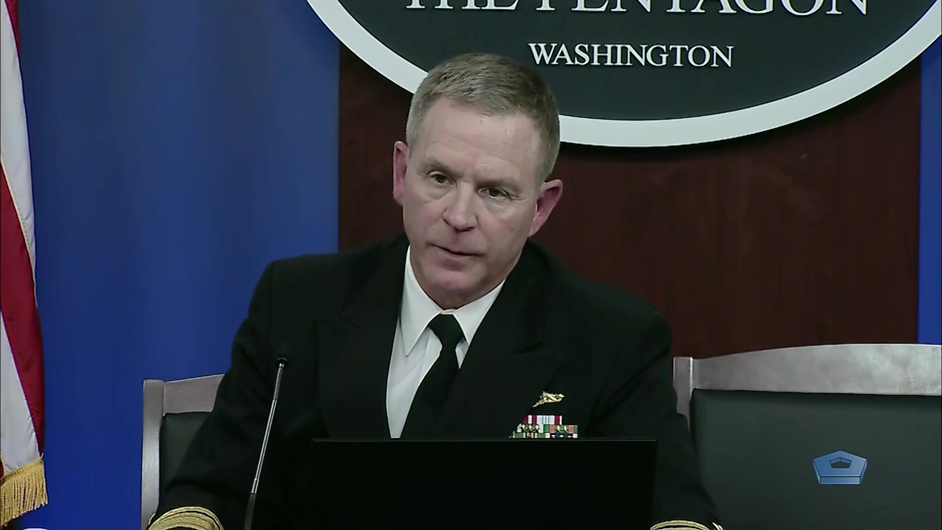 Navy Rear Adm. Randy B. Crites, deputy assistant secretary of the Navy for budget, briefs reporters on the president’s fiscal year 2021 budget request at the Pentagon, Feb. 10, 2020. 