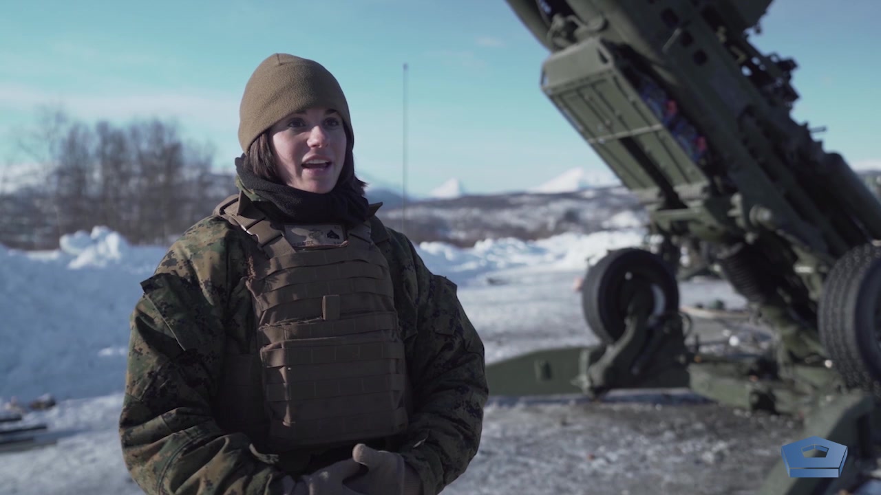 Marine Corps Cpl. Shannon Lilly, assigned to 2nd Battalion, 10th Marine Regiment, 2nd Marine Expeditionary Force, talks about her work as an artillery chief during a live-fire range near Setermoen, Norway, March 4, 2020. Lilly is the first female artillery chief and the first female artillery chief to fire an M777 howitzer.
