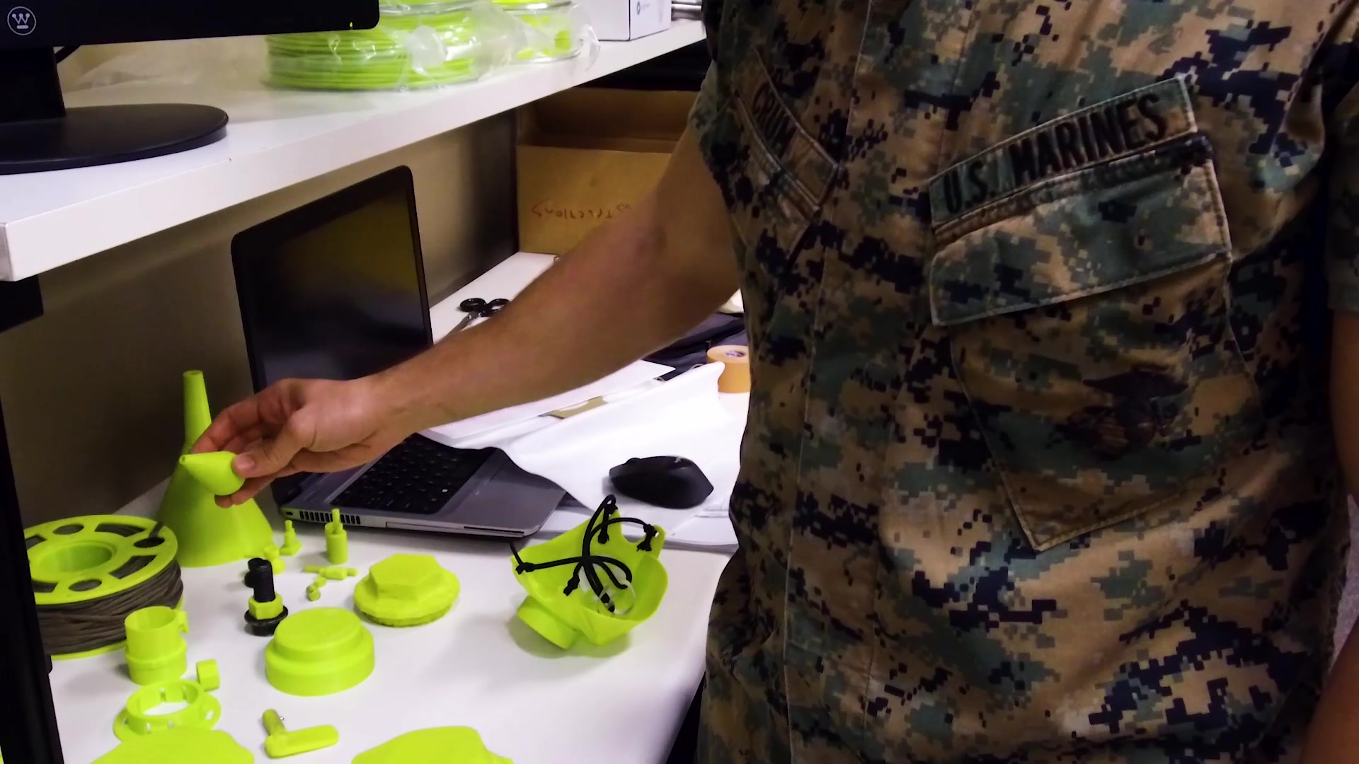 Marines with Marine Air Support Squadron 1 print respiratory masks with a 3-D printer at Marine Corps Air Station Cherry Point, North Carolina, March 26, 2020. They are printing the masks in response to the shortage of medical supplies caused by the COVID-19 pandemic. (U.S. Marine Corps video by Cpl. Cody Rowe)

Song credit: Pitch Black - Jens Kiilstofte
machinimasound.com/?s=Pitch+Black#