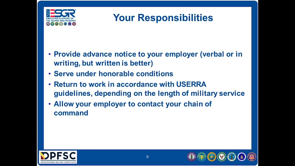 This training video provides an overview of Service member rights and responsibilities under the Uniformed Services Employment and Reemployment Rights Act (USERRA), and highlights Employer Support of the Guard and Reserve (ESGR) resources. In addition, it features an introduction by the Tennessee ESGR State Committee leaders.

The video was developed and produced by SSgt. Treven Cannon of the Air National Guard I.G. Brown Training and Education Center, in collaboration with the Tennessee ESGR Committee.