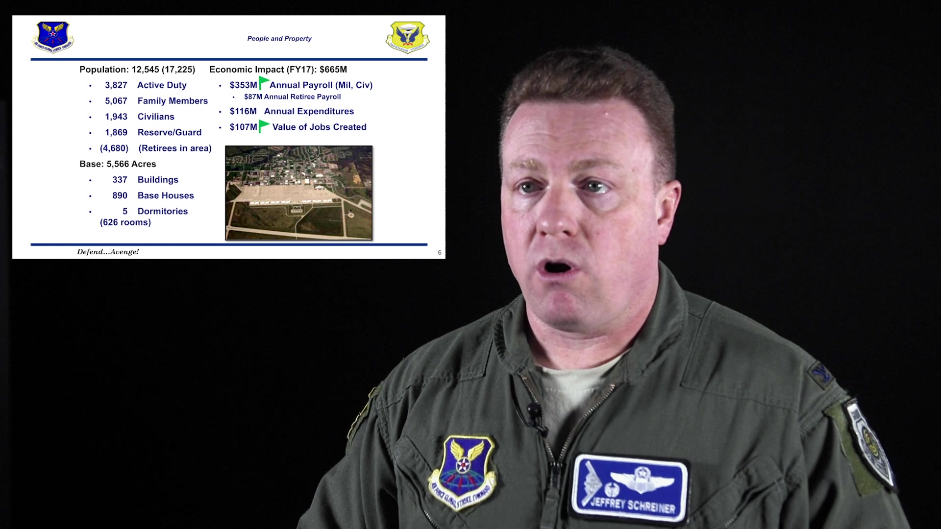 U.S. Air Force Col. Jeffrey Schreiner, 509th Bomb Wing commander, virtually briefs newcomers at Whiteman Air Force Base, Missouri, Sept. 1, 2020. This brief allows Airmen new to Whiteman AFB to learn about the base and resources available to them. (U.S. Air Force photo by Airman 1st Class Christina Carter)