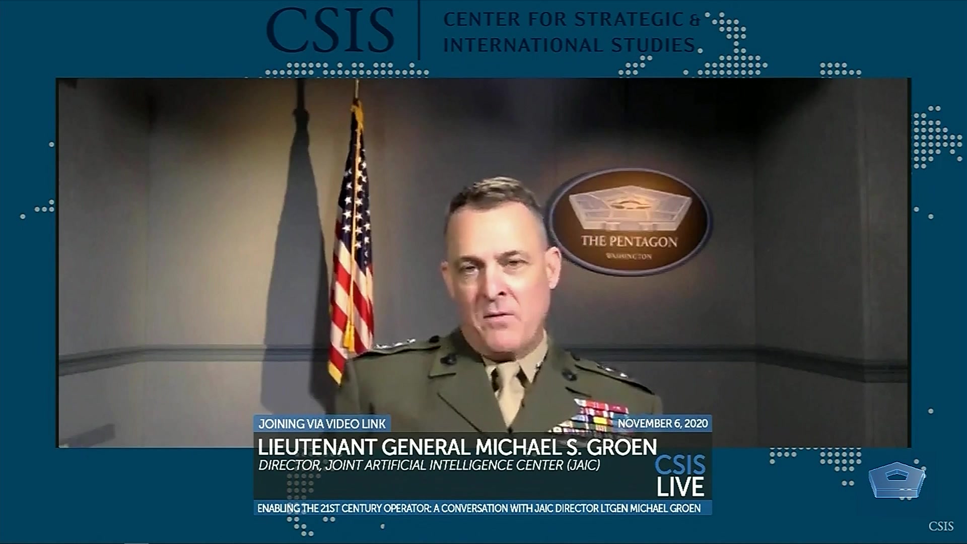 Marine Corps Lt. Gen. Michael S. Groen, director of the Joint Artificial Intelligence Center, speaks at the Center for Strategic and International Studies on how AI can better enable military operators and his top priorities for 2021 as JAIC director, Nov. 6, 2020.
