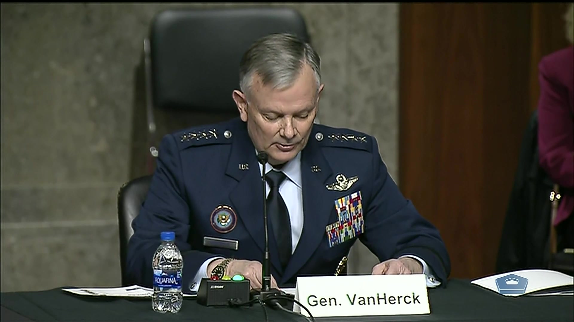 Air Force Gen. Glen D. VanHerck, commander of the U. S. Northern Command and North American Aerospace Defense Command, and  Navy Adm. Craig S. Faller, U.S. Southern Command commander, testify before the Senate Armed Services Committee, March 16, 2021.