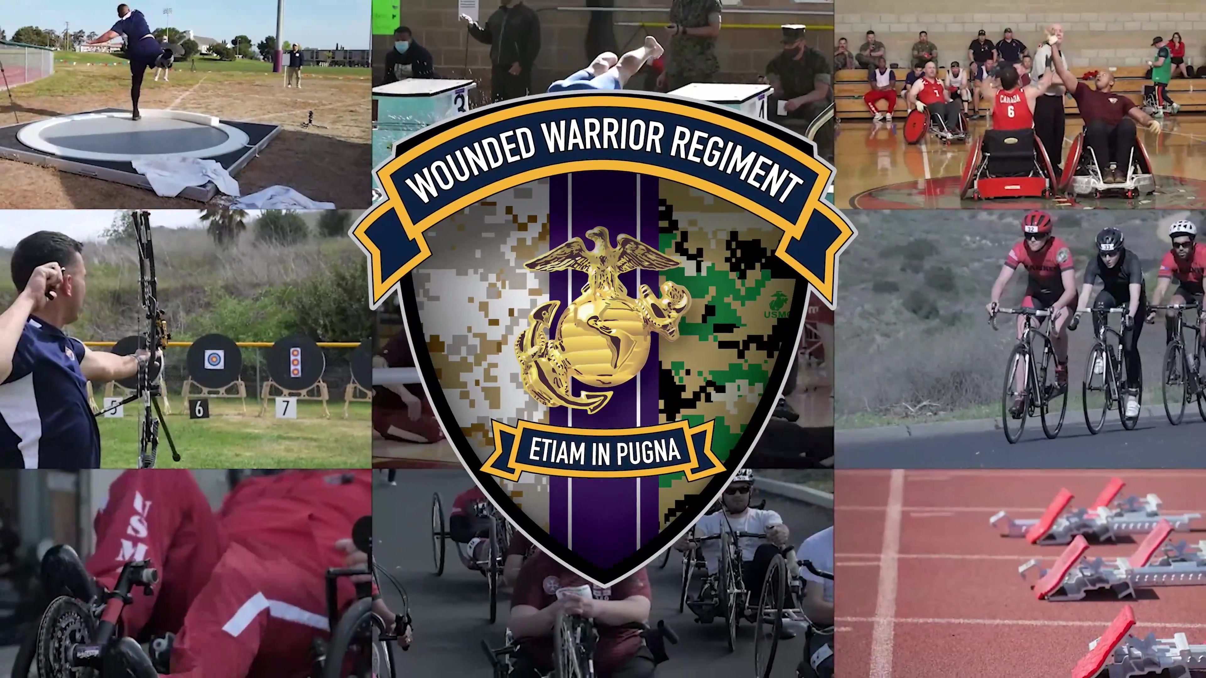 A photo collage shows Marine Corps athletes competing in various sports.