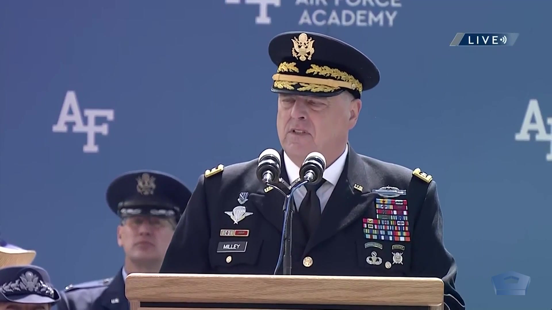 Army Gen. Mark Milley, chairman of the Joint Chiefs of Staff, delivers the commencement address for the graduation and commissioning ceremony of the Air Force Academy's Class of 2021, May 26, 2021.
