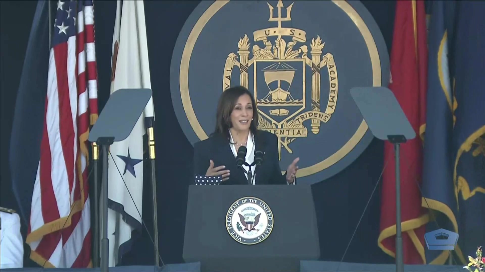 Vice President Kamala Harris delivers the commencement address for the graduation and commissioning ceremony of the Naval Academy's Class of 2021, May 28, 2021.
 
