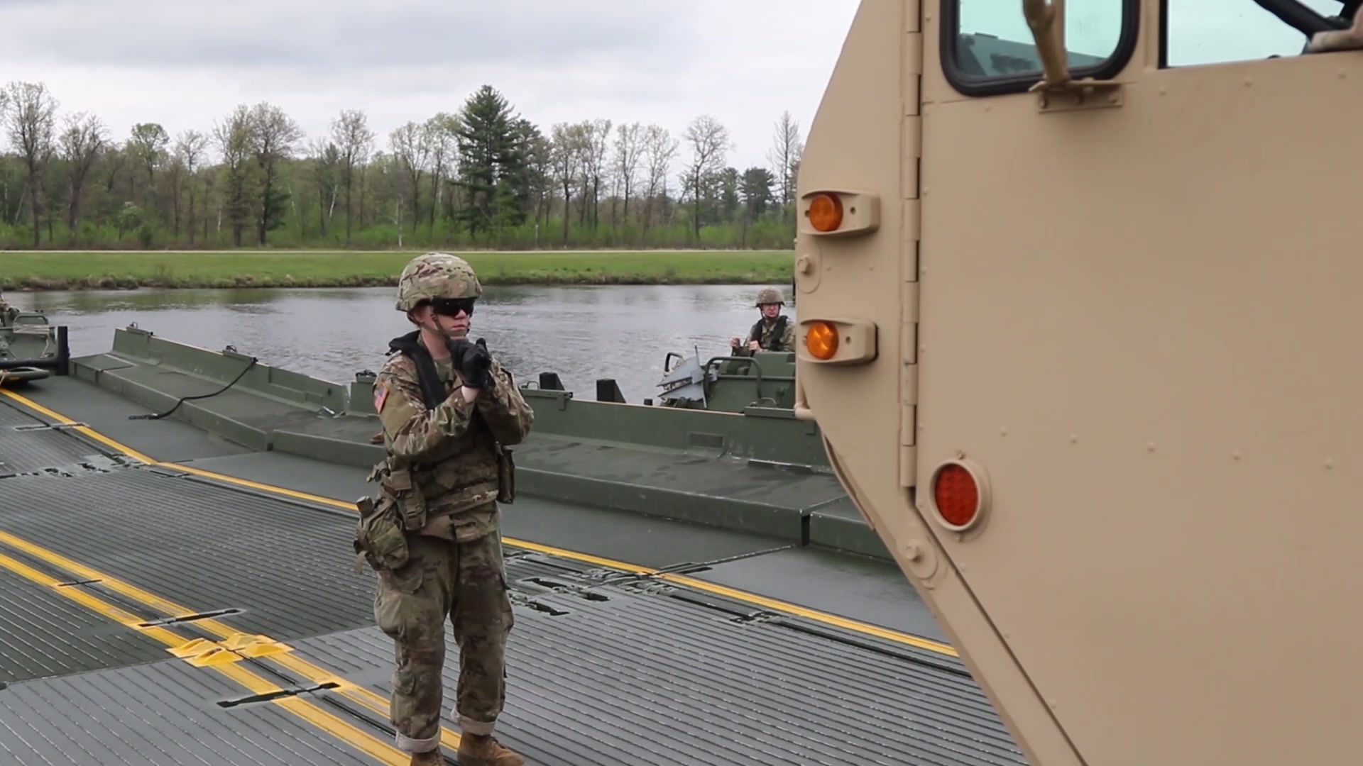 U.S. Army Reserve Soldiers with the 652nd Engineer Company train on building rafts to move vehicles from one side of a body of water to the other.