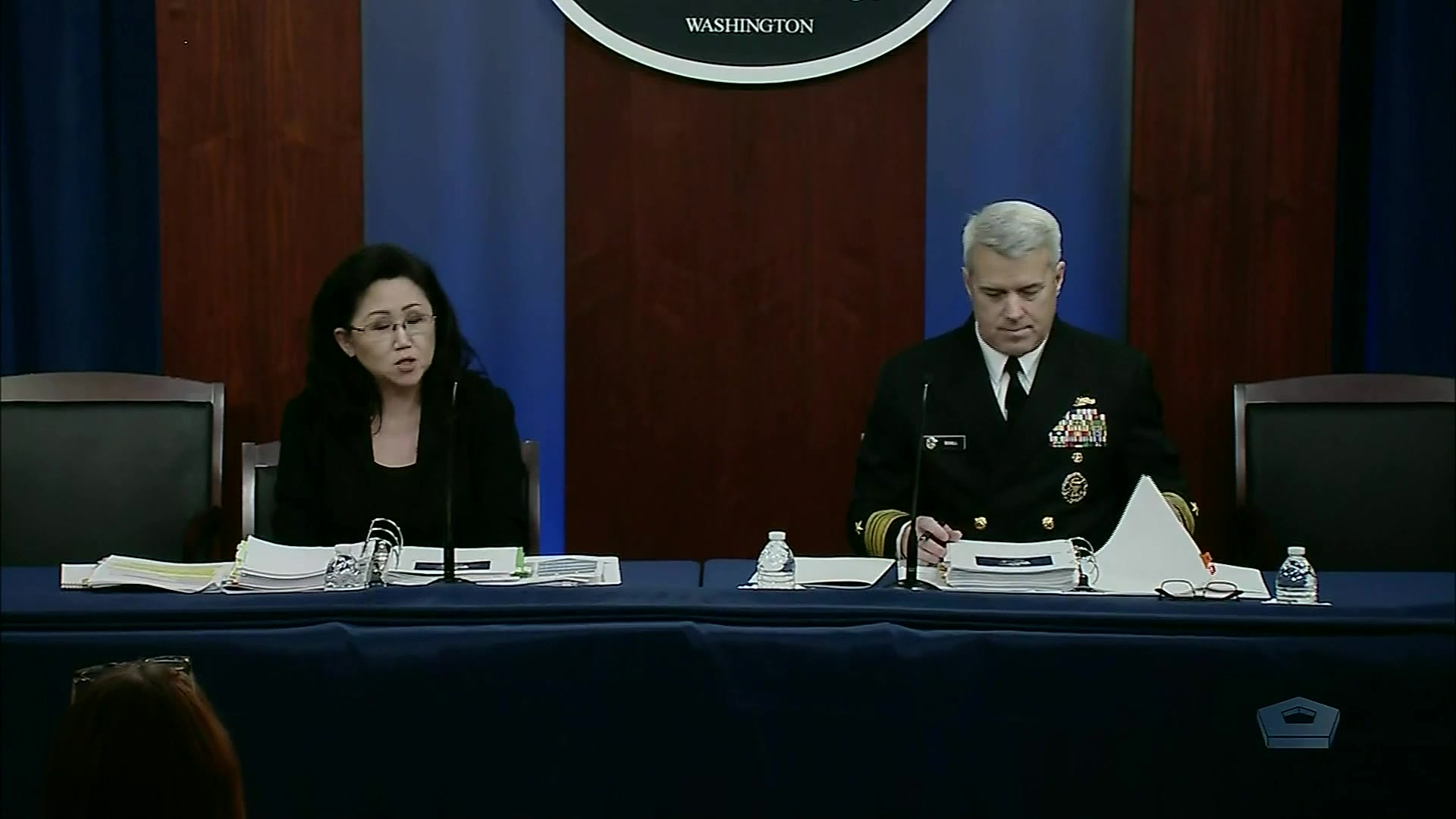 Anne McAndrew, performing the duties of the undersecretary of defense (comptroller) and chief financial officer; and Navy Vice Adm. Ronald Boxall, director of Force Structure, Resources and Assessments for the Joint Staff, brief the news media on President Joe Biden’s fiscal 2022 defense budget, May 28, 2021.