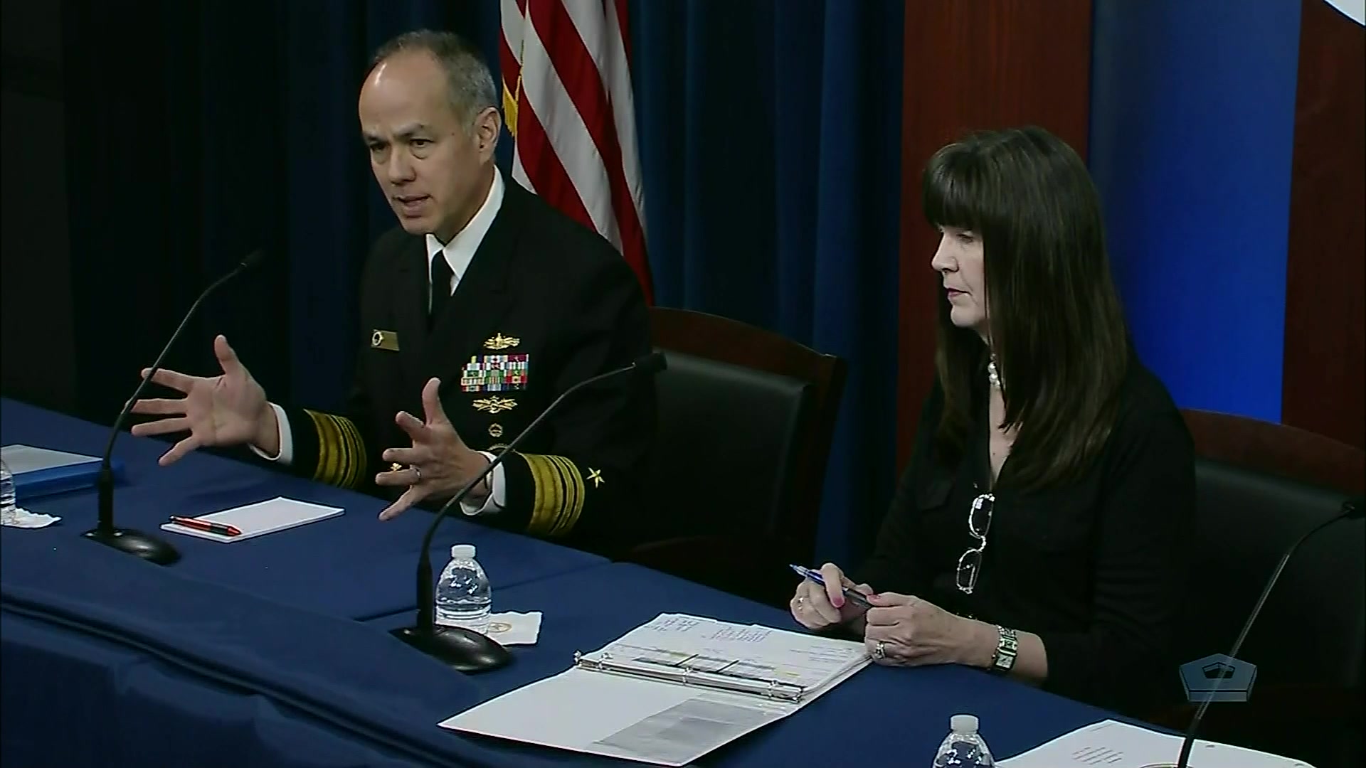 Navy Vice Adm. Jon A. Hill, director, Missile Defense Agency, and Michelle C. Atkinson, director for operations briefs the news media on President Joe Biden’s fiscal 2022 defense budget, May 28, 2021.