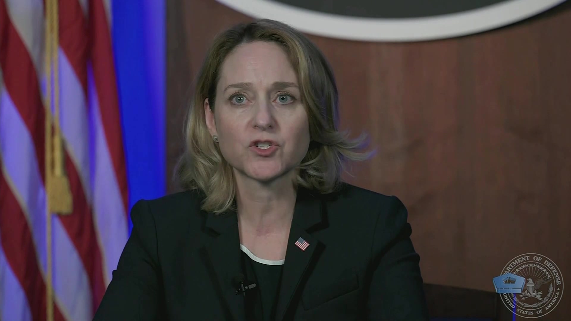Deputy Defense Secretary Kathleen H. Hicks discusses leadership at the 2021 Department of Defense Artificial Intelligence Symposium and Technology Exchange, June 22, 2021.
