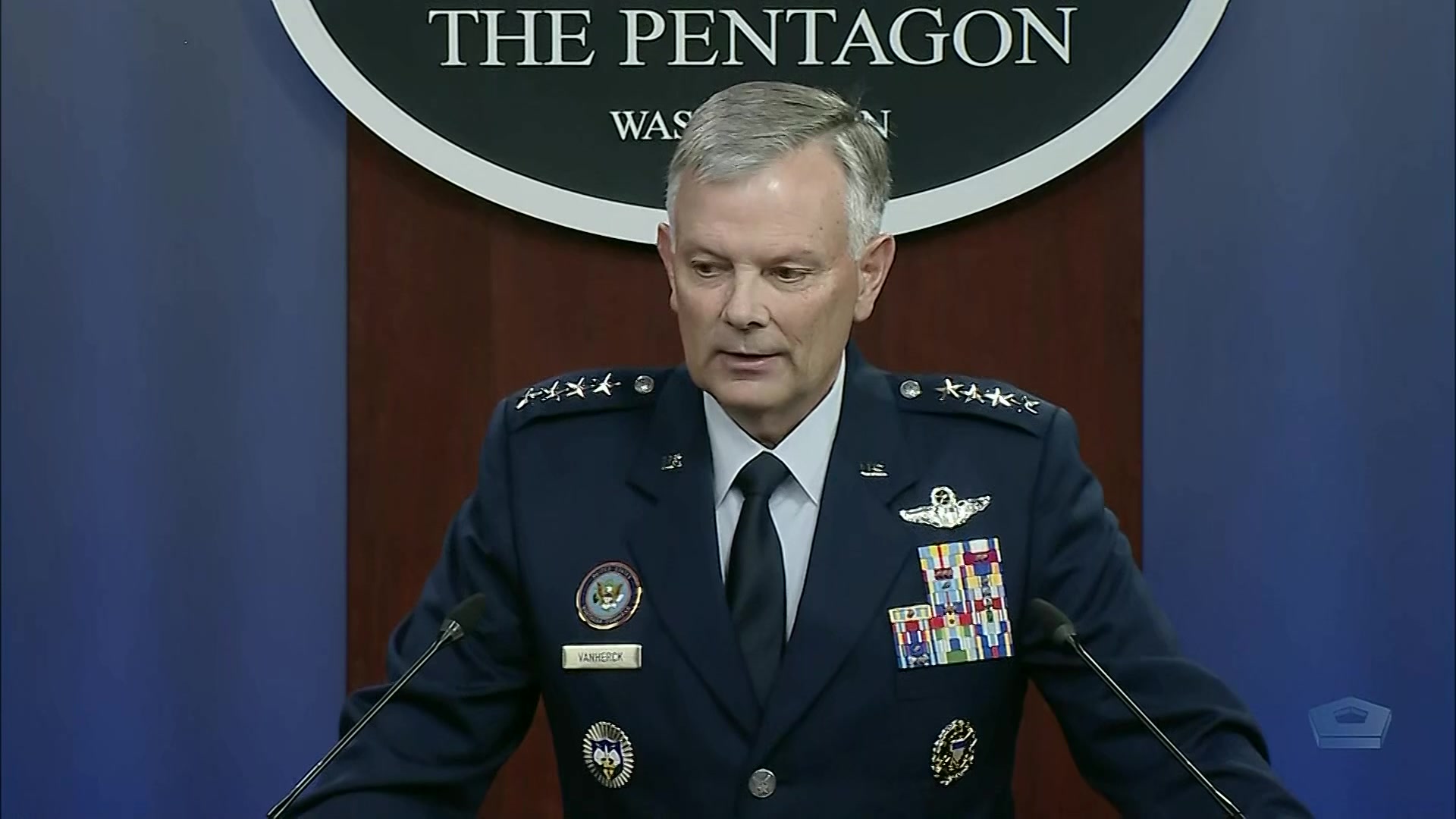 Air Force Gen. Glen D. VanHerck, commander of U.S. Northern Command, discusses how Northcom and North American Aerospace Defense Command, in collaboration with the combatant commands, completed the third in a series of global information dominance experiments during a press briefing at the Pentagon.
