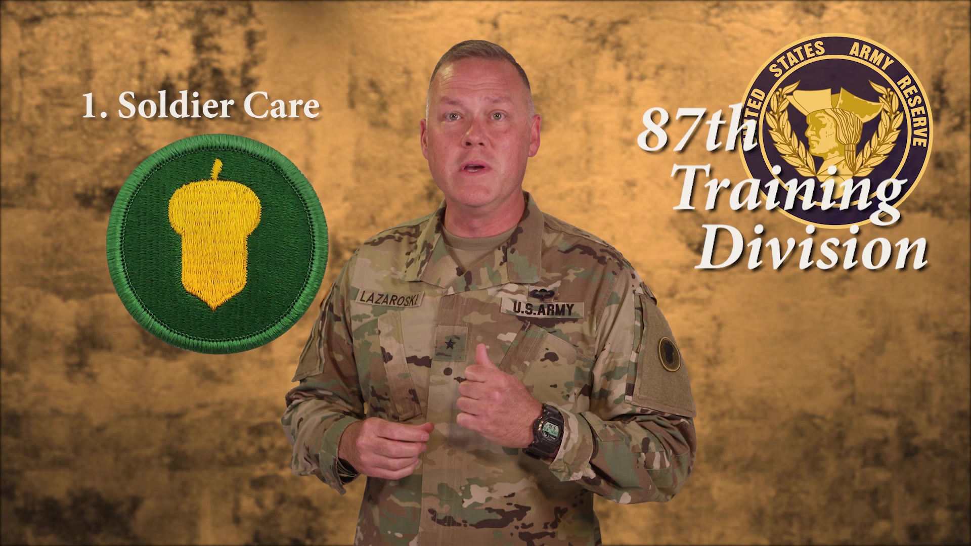 The newly activating 87th Training Division Commanding General, Brig. Gen. Todd Lazaroski, provides an introduction to this historical division and welcomes you to join the team.  (Video by David Isakson, Fort Knox Visual Information)

Email: usarmy.usarc.87-tsd.mbx.g1@mail.mil, or call
(404) 323-8978 for more details.