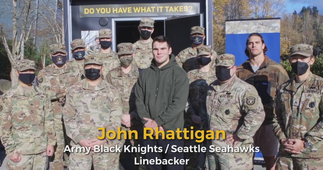 Brig. Gen. Stuart Werner with 364th ESC Soldiers and John Rhattigan, Army Black Knights/Seattle Seahawks Linebacker delivered a “Go Army Beat Navy” shoutout for the Army Navy Game 2021.