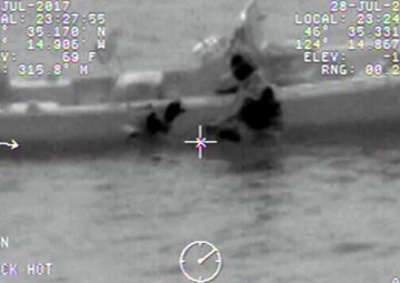 An MH-60 Jayhawk helicopter crew, from Coast Guard Air Station Astoria, hoists a 67-year-old mariner from his 17-foot yacht tender after his yacht collided with an unknown object and sank 9 miles off Leadbetter Point State Park, Wash., July 28, 2017.  The mariner abandoned ship into his yacht tender, shortly after which he lost sight of the lights of his 45-foot pleasure yacht Sea Crest and heard sounds that indicated the vessel might have sunk.  U.S. Coast Guard video courtesy of Air Station Astoria.