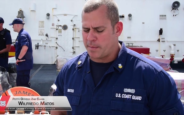 Petty Officer 2nd Class Wilfredo, a coxswain on Coast Guard Cutter James, talks about the offload in Port Everglades Thursday, May 10, 2018 of 6 tons of cocaine worth an estimated $180 million.
