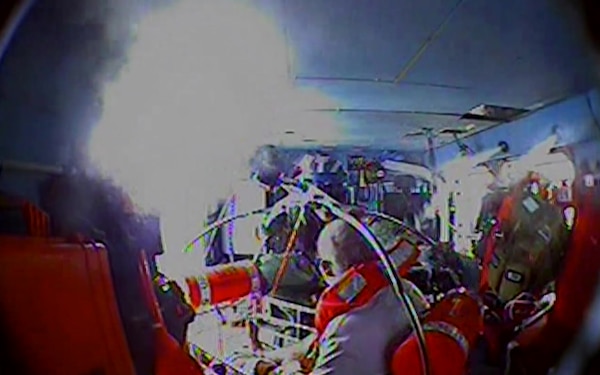 The Coast Guard medevacs a man suffering from a leg laceration 34 miles off Oregon Inlet, North Carolina, July 3, 2020. The crew of Coast Guard Cutter Nathan Bruckenthal responded, rendered first aid, and transferred the man to an MH-60 Jayhawk helicopter aircrew from Air Station Elizabeth City, where he was transported to the Sentara Albemarle Medical Center in Elizabeth City, North Carolina, to receive further medical assistance. (U.S. Coast Guard video courtesy of Air Station Elizabeth City, North Carolina)