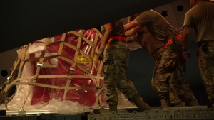 Lebanon relief supplies loaded onto a C-17 at Al Udeid Air Base