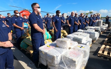 The Coast Guard Cutter James (WMSL 754) crew offloaded approximately 23,000 pounds of cocaine and approximately 8,800 pounds of marijuana worth more than $411.3 million at Port Everglades, Florida, Dec. 16, 2020. The Coast Guard's strong international relationships with key partners like the United Kingdom, France, and the Netherlands enable matched unity of effort to disrupt transnational criminal organizations that threaten America and our partners. (U.S. Coast Guard video by Chief Petty Officer Charly Tautfest).