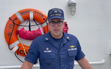Lt. Benjamin Williamsz, commanding officer of Coast Guard Cutter Winslow Griesser, doing an interview at San Juan, Puerto Rico, Aug. 16, 2021. Our cutters remain offshore and on standby to assist the citizens of Haiti and to support agency response locally. (U.S. Coast Guard video by Ricardo Castrodad)
