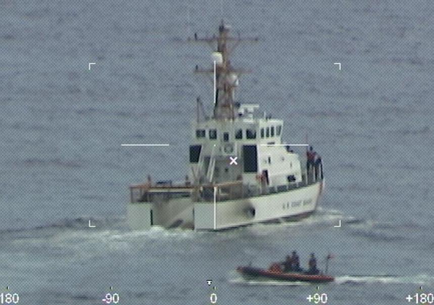 Coast Guard Cutter Ibis' crew searching for 39 people off Fort Pierce Inlet, Florida, Jan. 25, 2022. A good Samaritan reported to Sector Miami watchstanders at 8 a.m. that he had rescued a man clinging to a capsized vessel approximately 45 miles east of Fort Pierce Inlet. (U.S. Coast Guard photo)