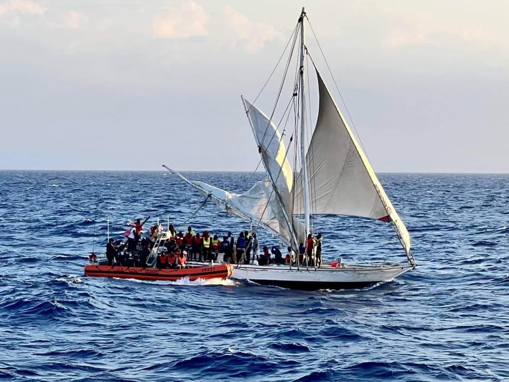 U.S. Coast Guard Cutter William Trump's crew interdicts a Haitian Sail Freighter, April. 6, 2022, approximately 18 miles north of Sagua La Grande, Cuba. William Trump's crew embarked 88 people due to safety of life at sea concerns. (U.S. Coast Guard by Lt. David Allen)