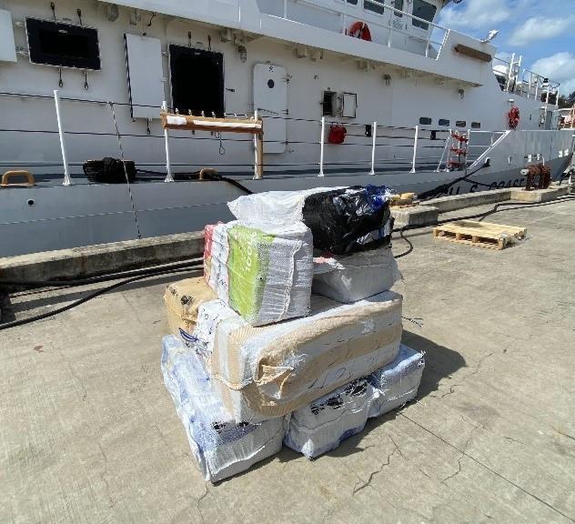 Coast Guard Cutter Joseph Tezanos crewmembers offloaded nine bales of cocaine, weighing approximately 826 pounds, at Coast Guard Base San Juan April 18, 2022, following the interdiction of a go-fast smuggling vessel near Puerto Rico April 6, 2022. The interdiction is the result of multi-agency efforts involving the Caribbean Border Interagency Group and the Caribbean Corridor Strike Force. (U.S. Coast Guard photo)