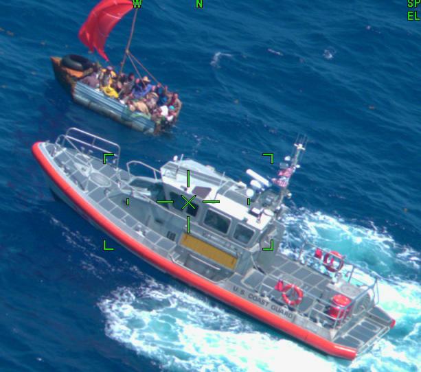 A Coast Guard Station Marathon law enforcement crew stops a rustic vessel approximately south of Long Key, Florida at about 10:45 a.m., May 1, 2022. The people were repatriated to Cuba on May 4, 2022. (U.S Coast Guard photo by Air Station Miami)