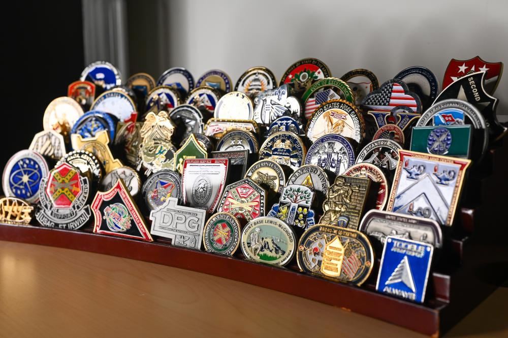 Challenge coins on display
