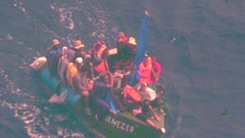 A Coast Guard Air Station Miami HC-144 Ocean Sentry law enforcement air crew alerted Coast Guard Sector Key West watchstanders of a rustic vessel about 32 miles south of Key West, Florida, May 14, 2022. The people were repatriated to Cuba on May 19, 2022. (U.S. Coast Guard photo)