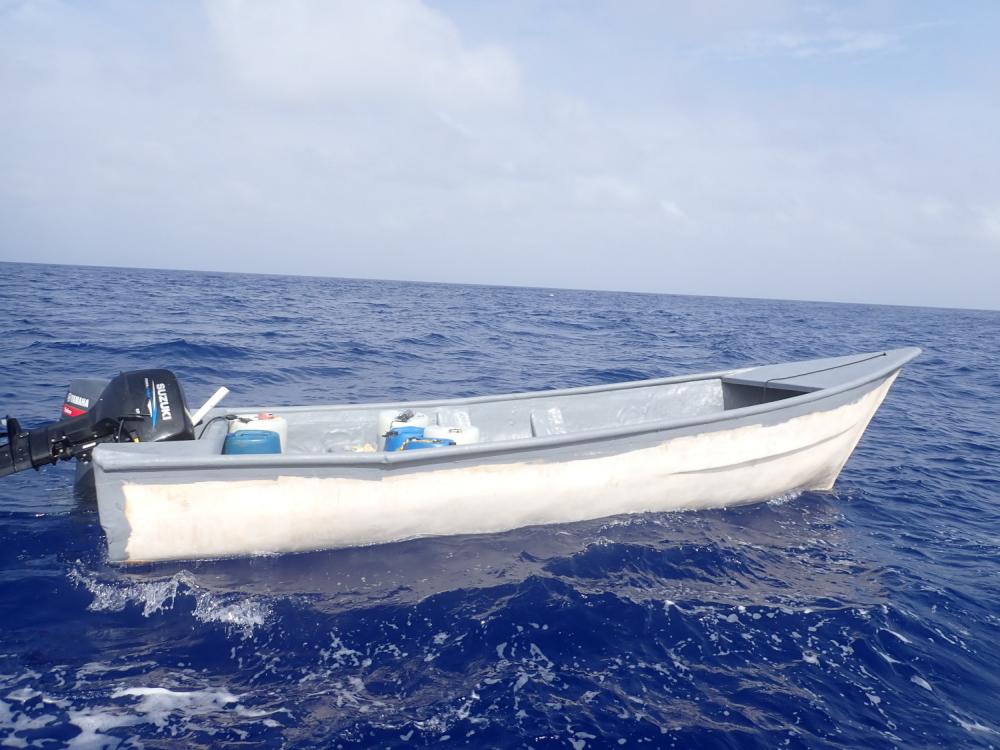 An illegal voyage vessel interdicted by the Coast Guard Cutter Joseph Tezanos May 18, 2022, lays empty after 18 non-U.S. citizes were safely embarked from the vessel, approximately 11 nautical miles northwest of Aguadilla, Puerto Rico. The interdiction is the result of ongoing local and federal multi-agency efforts in support of the Caribbean Border Interagency Group CBIG. (U.S. Coast Guard photo)