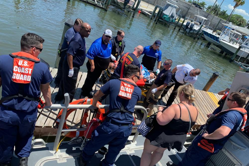 A Coast Guard Station St. Petersburg rescue crew medevaced a woman with an injury in Tampa Bay, Florida, May 29, 2022. The woman was transferred to awaiting emergency medical service personnel at a local marina in stable condition. (U.S. Coast Guard photo)