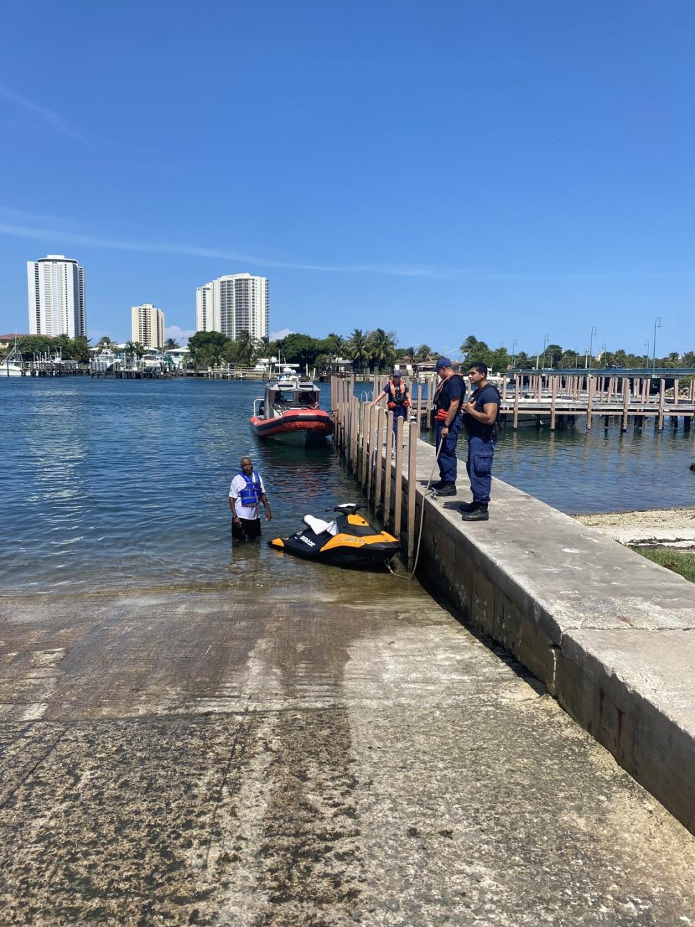 Coast Guard Station Lake Worth Inlet small boat crew towed a personal watercraft after it capsized to Phil Foster State Park, Florida, May 28, 2022. The small boat crew rescued two people from the water from the capsized personal watercraft with no reported medical concerns. (U.S. Coast Guard photo by Station Lake Worth Inlet)