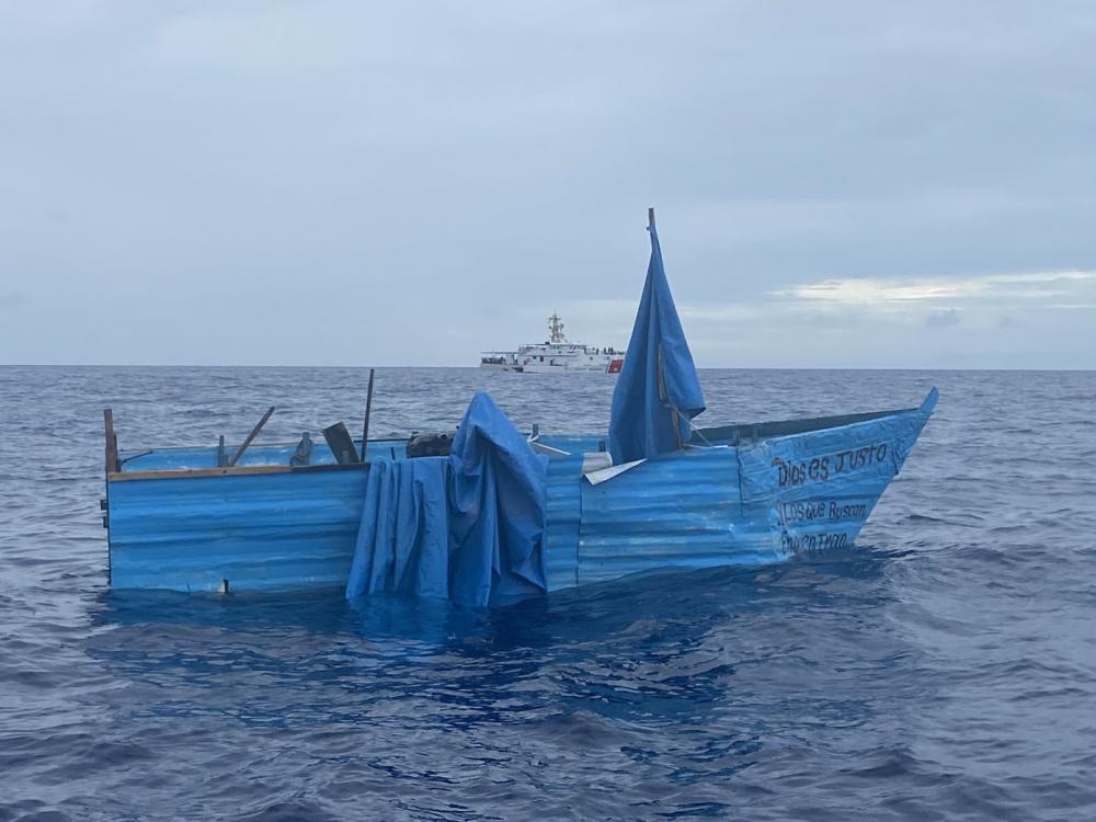A good Samaritan reported to Coast Guard Sector Key West watchstanders a rustic vessel about 20 miles south of Boot Key, Florida, May 31, 2022. The people were repatriated June 2, 2022. (U.S. Coast Guard photo by Station Marathon)