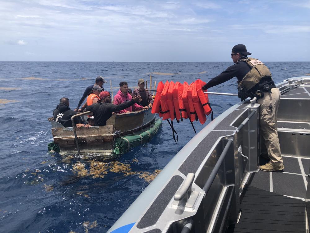 A Customs and Border Protection Air and Marine Operations boat crew rescued people from a rustic vessel taking on water about 8 miles south of Key West, Florida, after a good Samaritan notified Sector Key West watchstanders of their distress, May 30, 2022. The people were repatriated to Cuba on June 2, 2022. (U.S. Customs and Border Protection AMO photo)