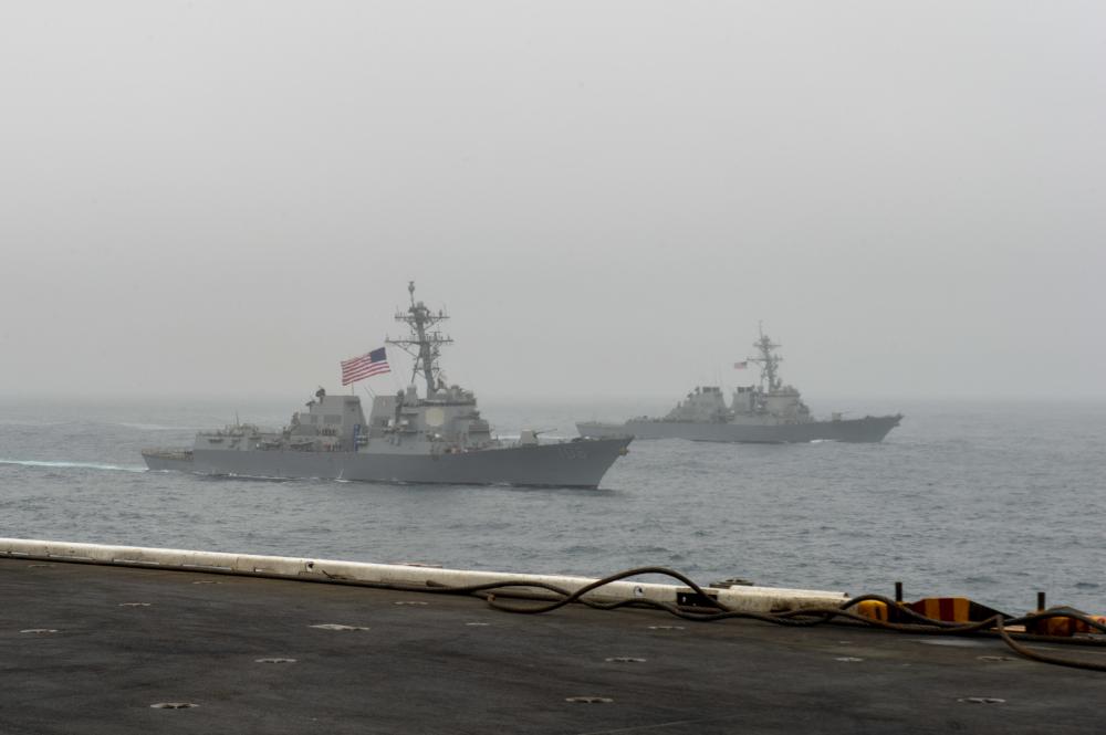 USS Wayne E. Meyer And USS Stethem Sail With USS Nimitz