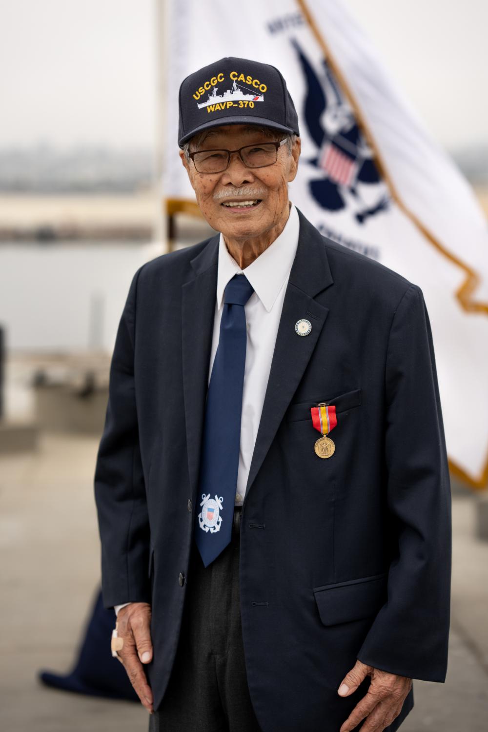 Rikio Izumi, Coast Guard veteran, poses for a photo at a ceremony awarding him the National Defense Service Medal for his service during the Korean War, San Pedro, California, June 10, 2022. Mr. Izumi served on the Coast Guard Cutter Casco from 1951 to 1953. (U.S. Coast Guard photo by Petty Officer 3rd Class Aidan Cooney)
