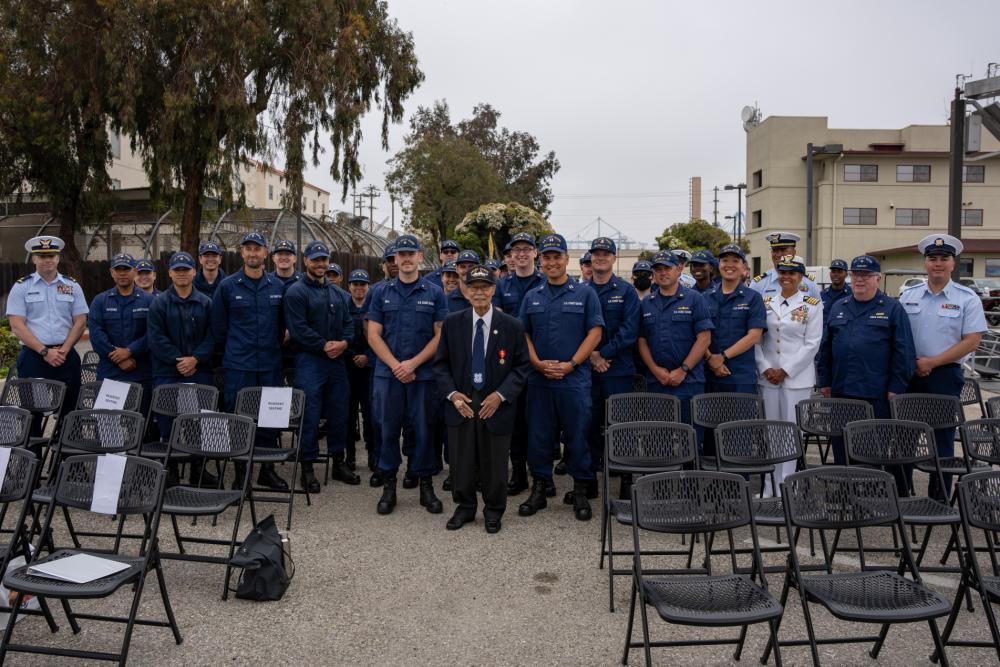 Rikio Izumi, Coast Guard veteran poses for a photo with Coastguardsman from Sector Los Angeles-Long Beach after his National Defense Service Medal award ceremony San Pedro, California, June 10, 2022. Rikio was commended for his service during the years of 1951 to 1953. (U.S. Coast Guard photo by Petty Officer 3rd Class Aidan Cooney)
