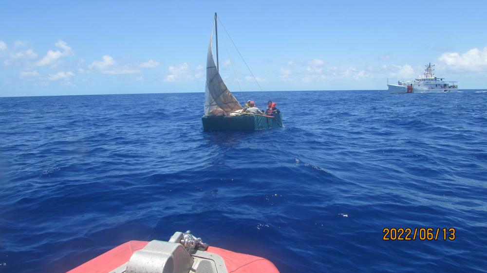 A good Samaritan notified Coast Guard Sector Key West watchstanders of this rustic vessel about 17 miles south of Boca Chica, Florida, June 13, 2022. The people were repatriated to Cuba on June 17, 2022. (U.S. Coast Guard photo by Coast Guard Cutter Issac Mayo's crew)