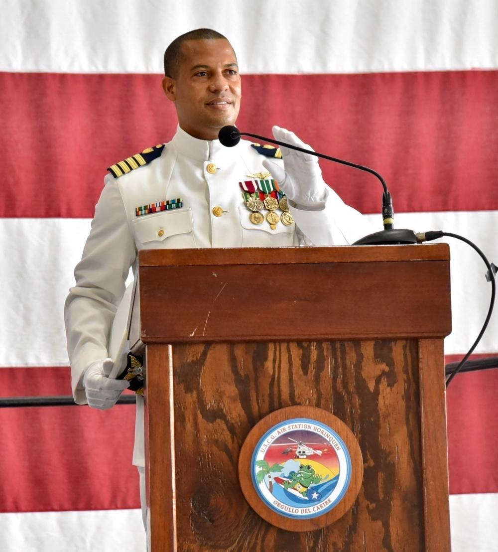 Capt. Lawrence Gaillard addresses the audience during Air Station Borinquen’s Change of Command Ceremony in Aguadilla, Puerto Rico June 17, 2022.  During the ceremony, Capt. Gaillard relieved Capt. Tina Peña as the new commanding officer of Air Station Borinquen. (U.S. Coast Guard photo by Ricardo Castrodad)