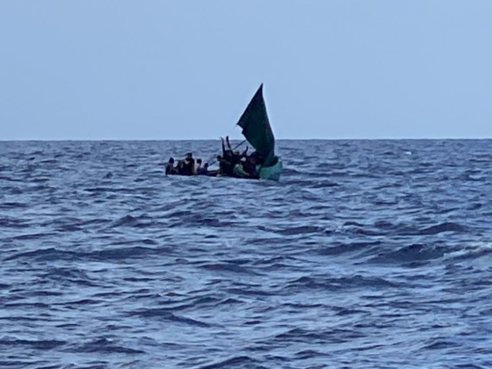A good Samaritan notified Coast Guard Sector Key West watchstanders of this rustic vessel about 12 miles south of Boot Key, Florida, June 15, 2022. The people were repatriated to Cuba on June 19, 2022. (U.S. Coast Guard photo)