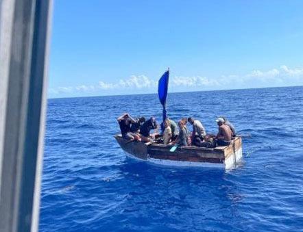 A good Samaritan notified Coast Guard Sector Key West watchstanders of this rustic vessel about 22 miles south of Big Pine Key, Florida, June 17, 2022. The people were repatriated to Cuba on June 19, 2022. (U.S. Coast Guard photo)