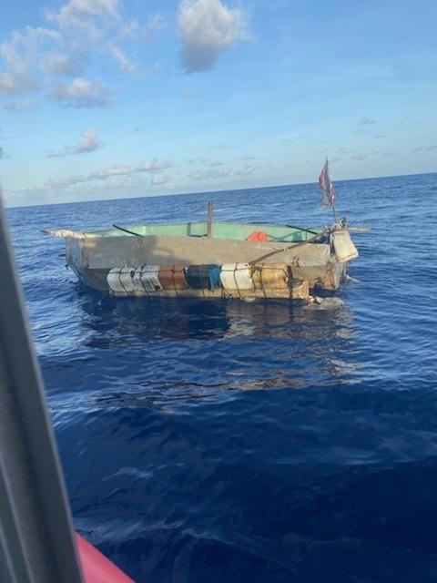 A Coast Guard Station Islamorada rescue crew alerted Coast Guard Sector Key West watchstanders of this rustic vessel about 3 miles south of Long Key, Florida, June 24, 2022. The people were repatriated on June 25, 2022. (U.S. Coast Guard photo)