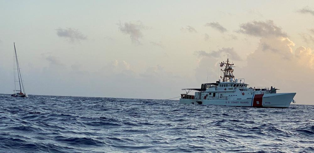 The Coast Guard Cutter Joseph Tezanos completes a three-day tow of the sailing vessel Valour near Fajardo, Puerto Rico June 26, 2022. Three mariners, U.S. citizens rescued in this case, were sailing from Tortola, British Virgin Islands to the British island of Bermuda June 23, 2022, when the vessel began taking on water in the Atlantic Ocean, approximately 300 nautical miles north of Puerto Rico. (Courtesy photo)