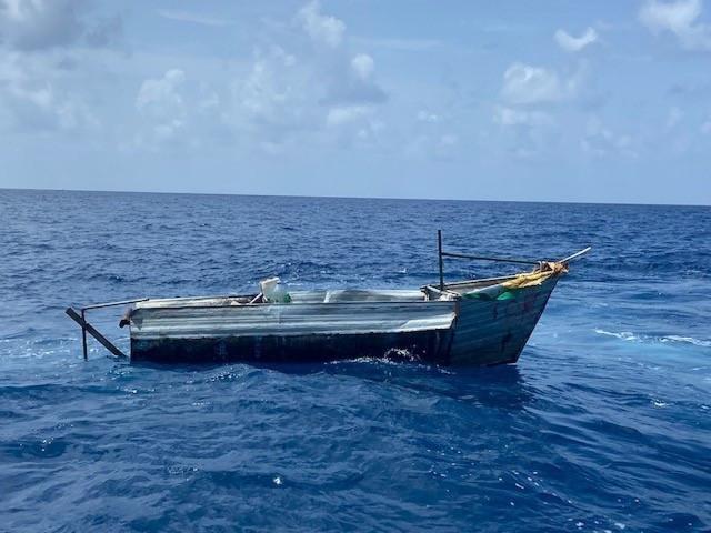 A good Samaritan notified Sector Key West watchstanders of this rustic vessel about 5 miles south of  Key Colony Beach, Florida, Aug. 2, 2022. The people were repatriated to Cuba on Aug. 5, 2022. (U.S. Coast Guard photo)