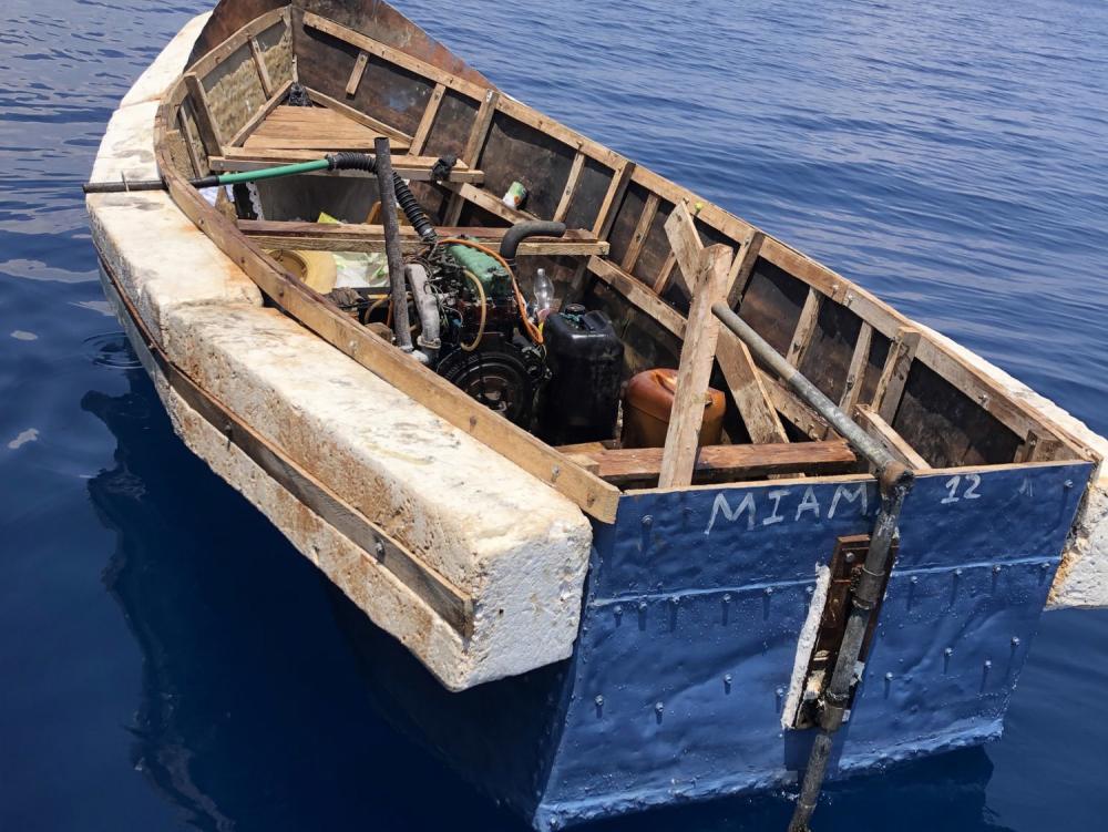 A Customs and Border Protection Air and Marine Operations aircrew alerted Sector Key West watchstanders of this migrant vessel about 18 miles south of Marquesas Key. Florida, Aug. 18, 2022. The people were repatriated to Cuba on Aug. 20, 2022. (U.S. Coast Guard photo)