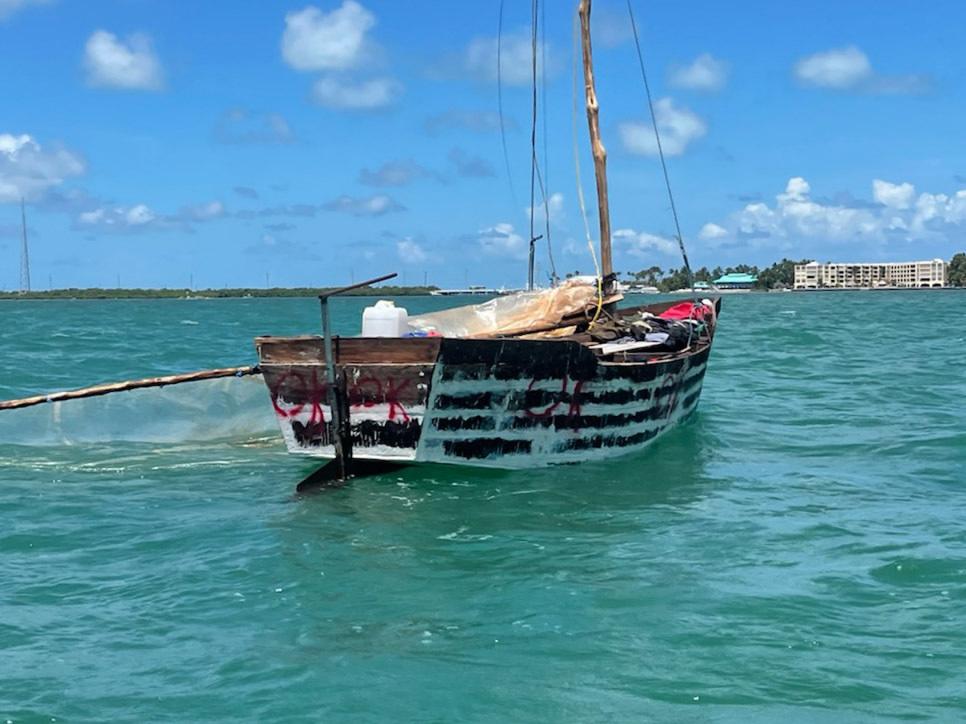A good Samaritan notified Sector Key West watchstanders of this makeshift vessel about 1 mile south of Alligator Reef, Florida, Aug. 21, 2022. The people were repatriated to Cuba on Aug. 23, 2022. (U.S. Coast Guard photo)