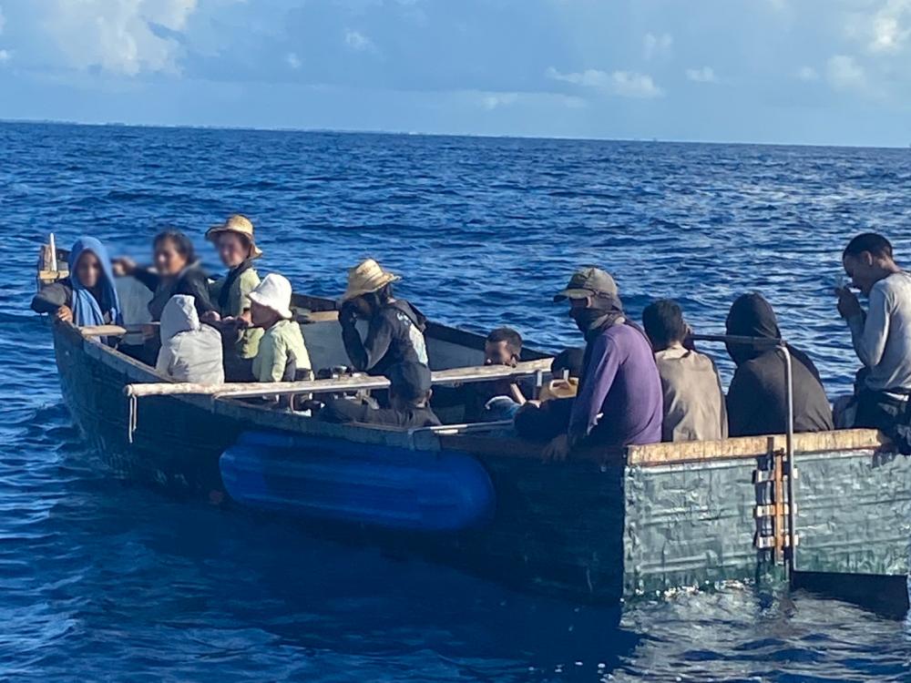 A Coast Guard Station Islamorada law enforcement crew alerted Sector Key West watchstanders of this rustic vessel at approximately 9 a.m., about 9 miles south of Islamorada, Florida, Sept. 6, 2022. They were repatriated to Cuba on Sept. 10, 2022. (U.S. Coast Guard photo by Station Islamorada)