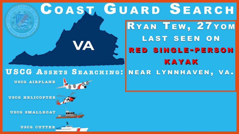 The Coast Guard is searching Sept. 13, 2022 for an overdue kayaker near Lynnhaven, Virginia.